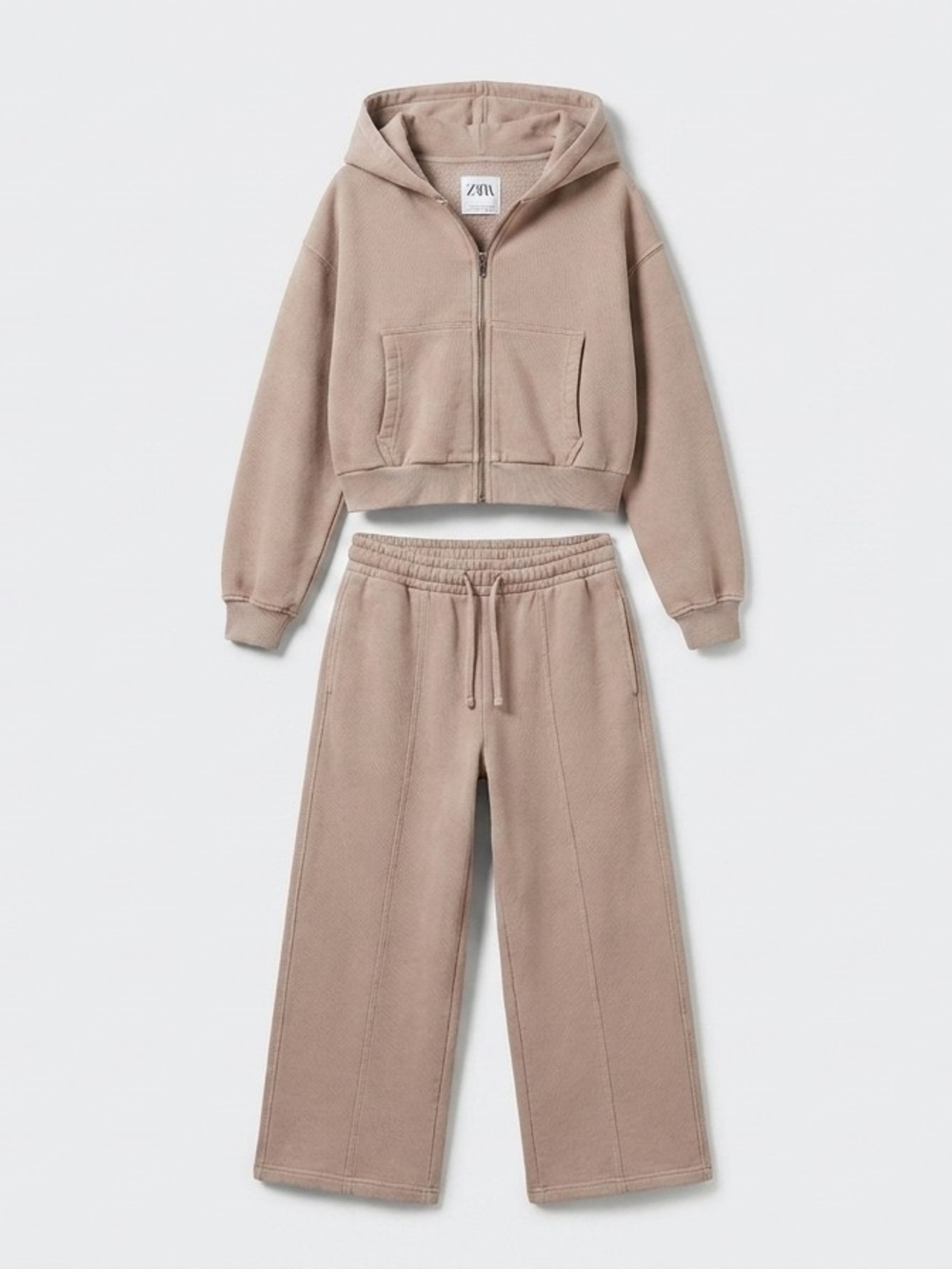 Zara Taupe Cropped Zip Hoodie & Wide Leg Sweatpants Set